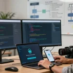 IT professional reviewing safety measures on shs-dome5.com with dual monitors and security tools.