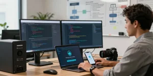 IT professional reviewing safety measures on shs-dome5.com with dual monitors and security tools.