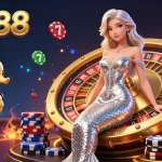 Win big with viral88 as a stunning woman elegantly poses beside a golden roulette wheel, surrounded by vibrant gaming elements.