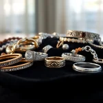 Showcase of men’s jewelry featuring elegant rings, bracelets, and necklaces on black velvet.