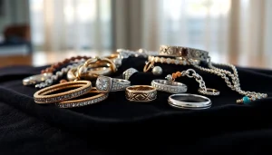Showcase of men’s jewelry featuring elegant rings, bracelets, and necklaces on black velvet.