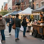 Vibrant urban marketplace with shoppers exploring stalls and enjoying coffee, highlighting https://forumup.org/shop/search.php?ca_id=&addr1=&addr2=&addr3=&schKeyword= shopping experience.