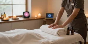 Experience a soothing 창원마사지 in a tranquil spa setting with essential oils and ambient lighting.