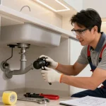Professional plumber fixing a kitchen leak with tools in a modern home.