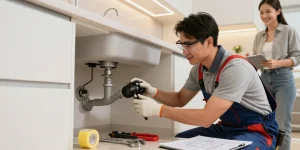 Professional plumber fixing a kitchen leak with tools in a modern home.