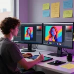 Designer using Nano Banana AI in a vibrant workspace with dual monitors displaying creative images.