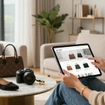 Browsing premium 레플리카 사이트 in a stylish living room with luxury replica products displayed.