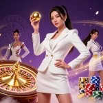 Experience YOWESTOGEL's thrilling gaming with a stunning roulette ball animation amid cascading coins and cards.