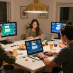 Engaging in FAFA 828 online poker gameplay with friends at home around a cozy table.