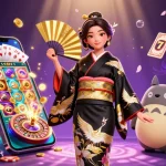 Engage with mpo500's vibrant slot games featuring a skilled player and wise tanuki surrounded by dynamic 3D gambling elements.