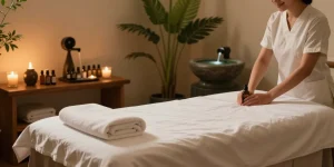 A serene 대구마사지 spa room with calming ambiance and massage preparations.