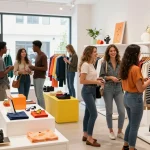 Shopping experience in a vibrant retail space showing friends exploring fashion items at https://forumup.org/shop/search.php?ca_id=&addr1=&addr2=&addr3=&schKeyword= with bright colors and natural light.