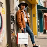 Youth in trendy urban fashion against street art while holding shopping bag from https://shs-dome5.com/.