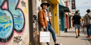 Youth in trendy urban fashion against street art while holding shopping bag from https://shs-dome5.com/.