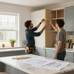 Kitchen reconstruction with contractor measuring space and homeowner discussing layout among stylish cabinetry and bright sunlight.