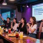 Enjoy an exciting night out at 강남 퍼펙트 가라오케, where friends sing and share laughter in a vibrant karaoke scene.