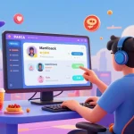 Engaging scene of a player using the status app to create digital personas and interact with AI characters in a vibrant social media world.