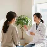 Consultation at 수원한의원 featuring a healthcare professional advising a patient in a calming clinic.