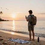 Traveler discovering here at a beach with smartphone and backpack during sunset.