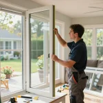 Professional technician performing window & screen replacement Manchester NH in a bright home environment.