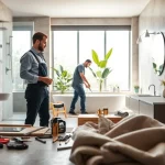Engaged bathroom renovation contractors near me transforming a stylish, modern bathroom space.
