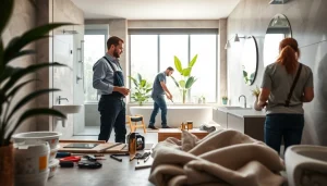 Engaged bathroom renovation contractors near me transforming a stylish, modern bathroom space.