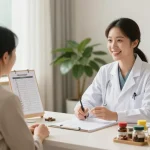 Consultation at 영통한의원 with a friendly doctor discussing traditional medicine and treatment.