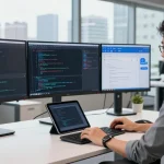 Developer engaging with koboldai AI chatbot on multiple screens in a modern tech workspace.