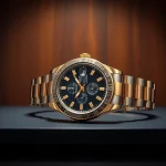 Admire a stunning rolex replica watch showcasing exquisite craftsmanship on a black surface.