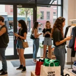 Group of friends shopping at https://shs-dome5.com/ for trendy replica apparel in an urban setting.