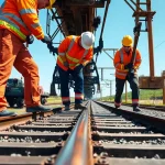 Workers conducting Emergency Railroad Repair Services with specialized equipment in a focused setting.