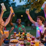 Group celebrating with herbal energy supplements at a vibrant party, buy-herbal-party-pills enhancing their mood.