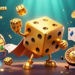 Experience the thrill of bolatangkas as the golden dice golem juggles winnings amidst vibrant slot elements and cryptocurrencies.
