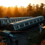 Derailment scene featuring overturned train cars and emergency response efforts in a natural setting.