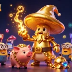 Experience the thrill of popotogel with golden wizard characters and dynamic slot game elements in a vibrant casino scene.