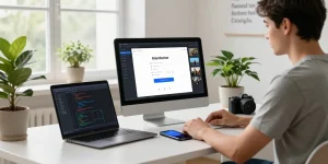 Engaged user testing the free AI detector on a modern workspace.