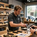 Explore high-quality Glock slides at https://precisionglockslides.com with expert guidance in a well-lit gun shop.