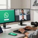 User utilizing WhatsApp電腦版 in a modern workspace, showcasing desktop engagement with tech tools.