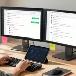 Using WhatsApp電腦版 on a desktop in a modern workspace with vibrant notifications and a productive setting.