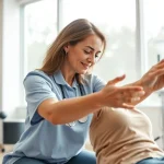 Experience griesbach physiotherapy with a caring therapist assisting a patient in a bright clinical environment.