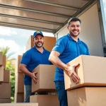 Efficient movers from moving companies edmonton packing boxes into a truck on a sunny day.