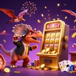 Baccarat888 features a cartoon dinosaur hitting a slot machine, showcasing dynamic casino action.
