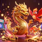 Experience the thrill of tải go88 with a vibrant casino scene featuring majestic dragon, phoenix, and koi fish.