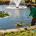 Pond Cleaning Surrey professional removing algae from a sparkling garden pond.