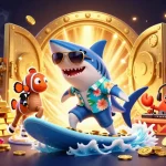 Experience judi bola excitement with a shark surfing on gold coins in a vibrant underwater casino scene.