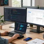 Download telegram中文版下载 in an innovative tech workspace with a developer coding