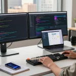 Developer working with telegram中文版下载 in a modern tech office, showcasing code and design on multiple screens.