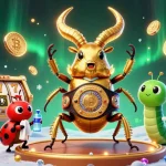 Engage in slot mahjong excitement featuring a dynamic beetle boxing match amidst glowing coins and vibrant visuals.
