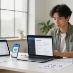 Engaging workspace with digital devices showcasing telegram中文版下载 in a modern office environment.