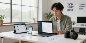 Engaging workspace with digital devices showcasing telegram中文版下载 in a modern office environment.